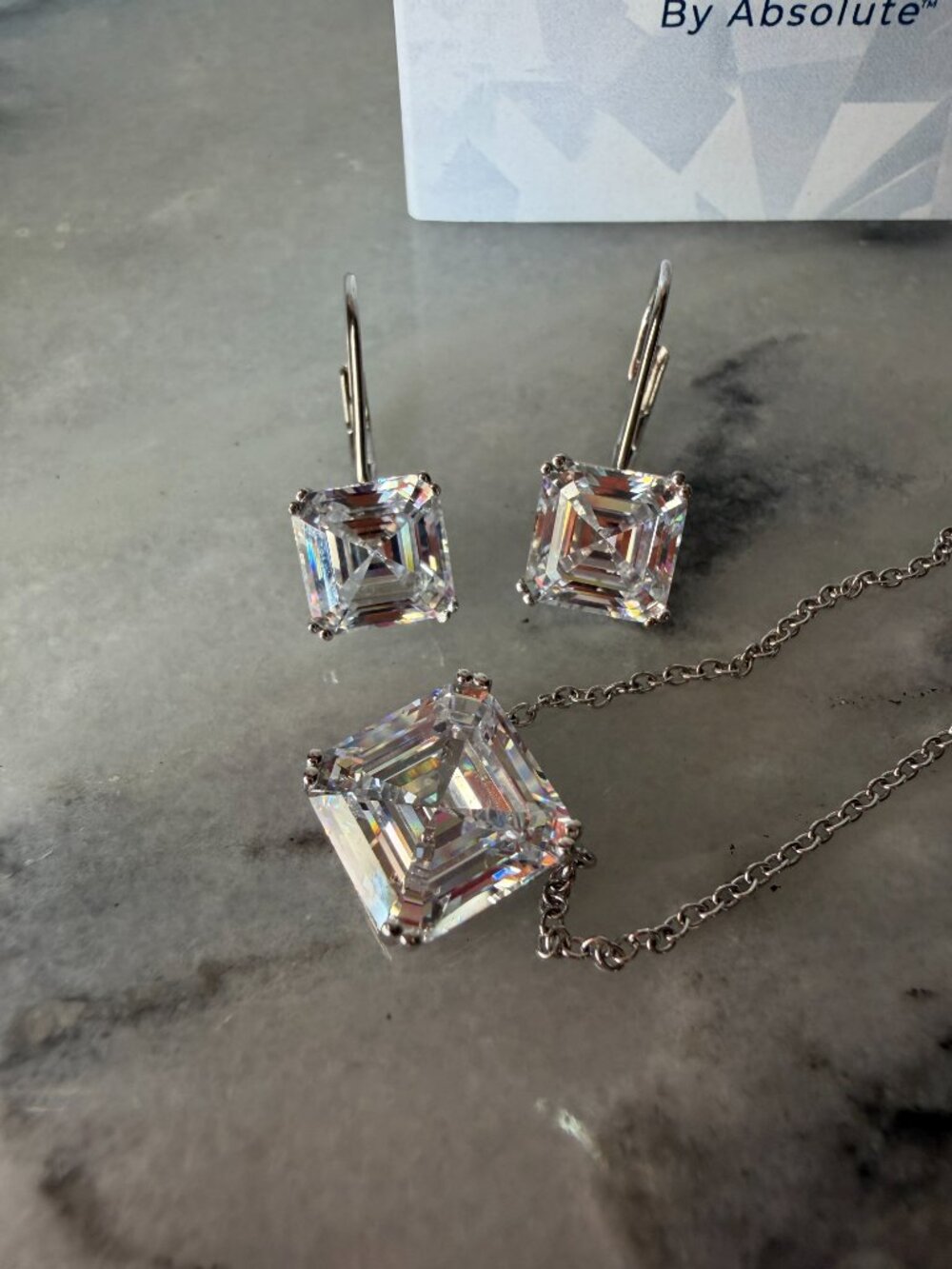 NIB Radiance by Absolute 19.70ctw 925 Silver Asscher Cut Necklace & Earrings Set
